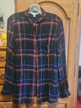 Old Navy Black Plaid Button-Up Shirt with Red and Blue Stripes